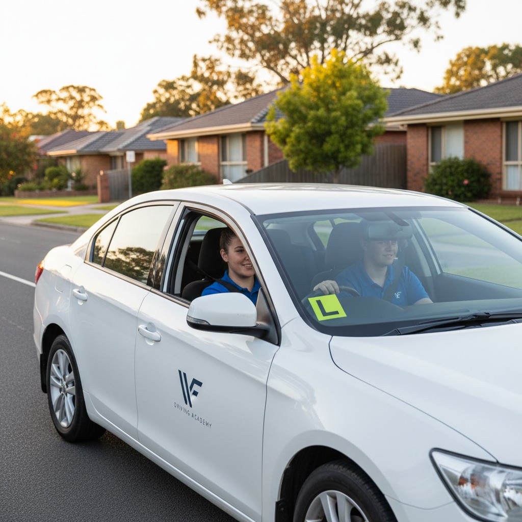 Two young people, likely driving students, in the driver's seat of a white car with a "L" sign, featuring a WF Driving Aca...