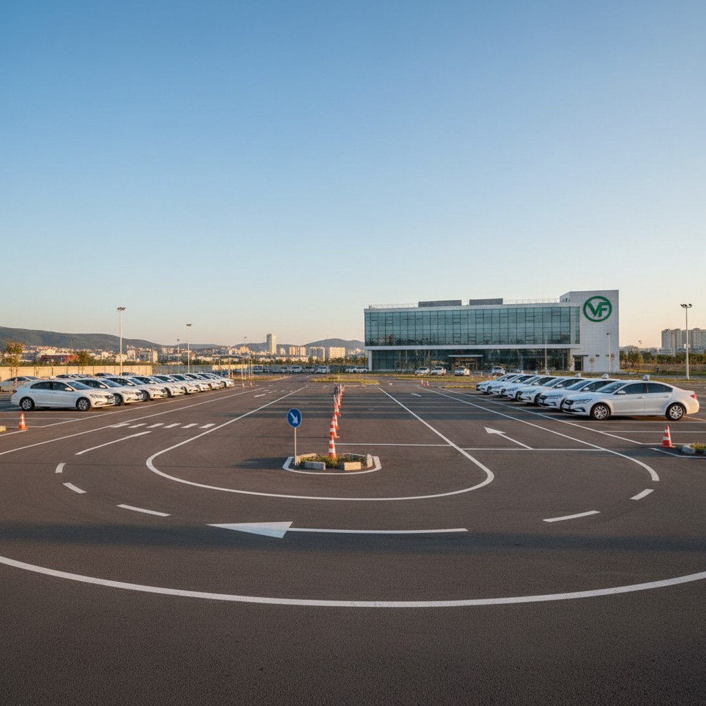 A large building carries the identifier "VF" surrounded by a parking lot with formal business cars covered in security dec...