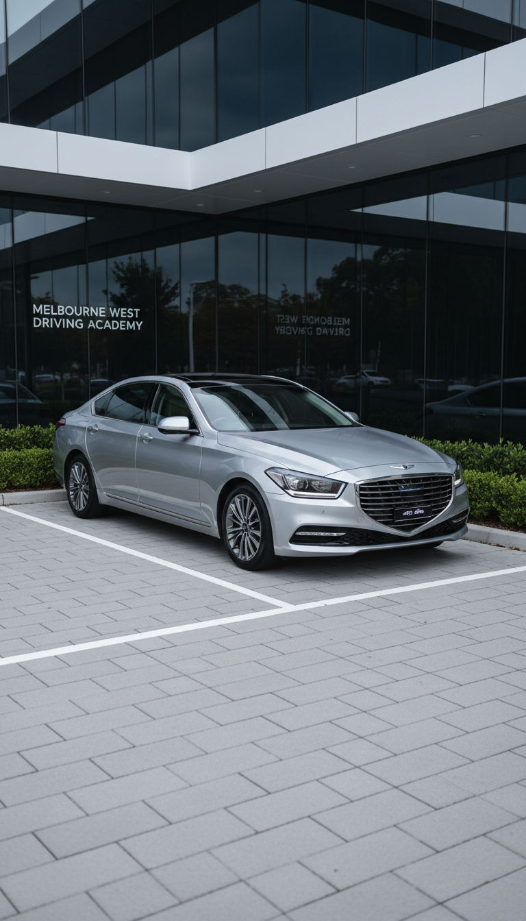 A sleek, late-model silver sedan parked in an immaculate, modern outdoor parking space marked with crisp white lines, surrounded by neat concrete pavers and trimmed, low hedges. The setting is a contemporary driving school facility in Melbourne West, with the building’s glass facade subtly reflecting the car. Clear mid-morning natural daylight gently illuminates the scene, casting soft, balanced shadows for a polished effect. Shot from an eye-level, three-quarter front angle, the composition highlights the car’s reliability and professional appeal. The mood is calm, trustworthy, and professional, featuring a clean, photographic style in neutral gray and white tones, embodying the academy’s modern, corporate personality.