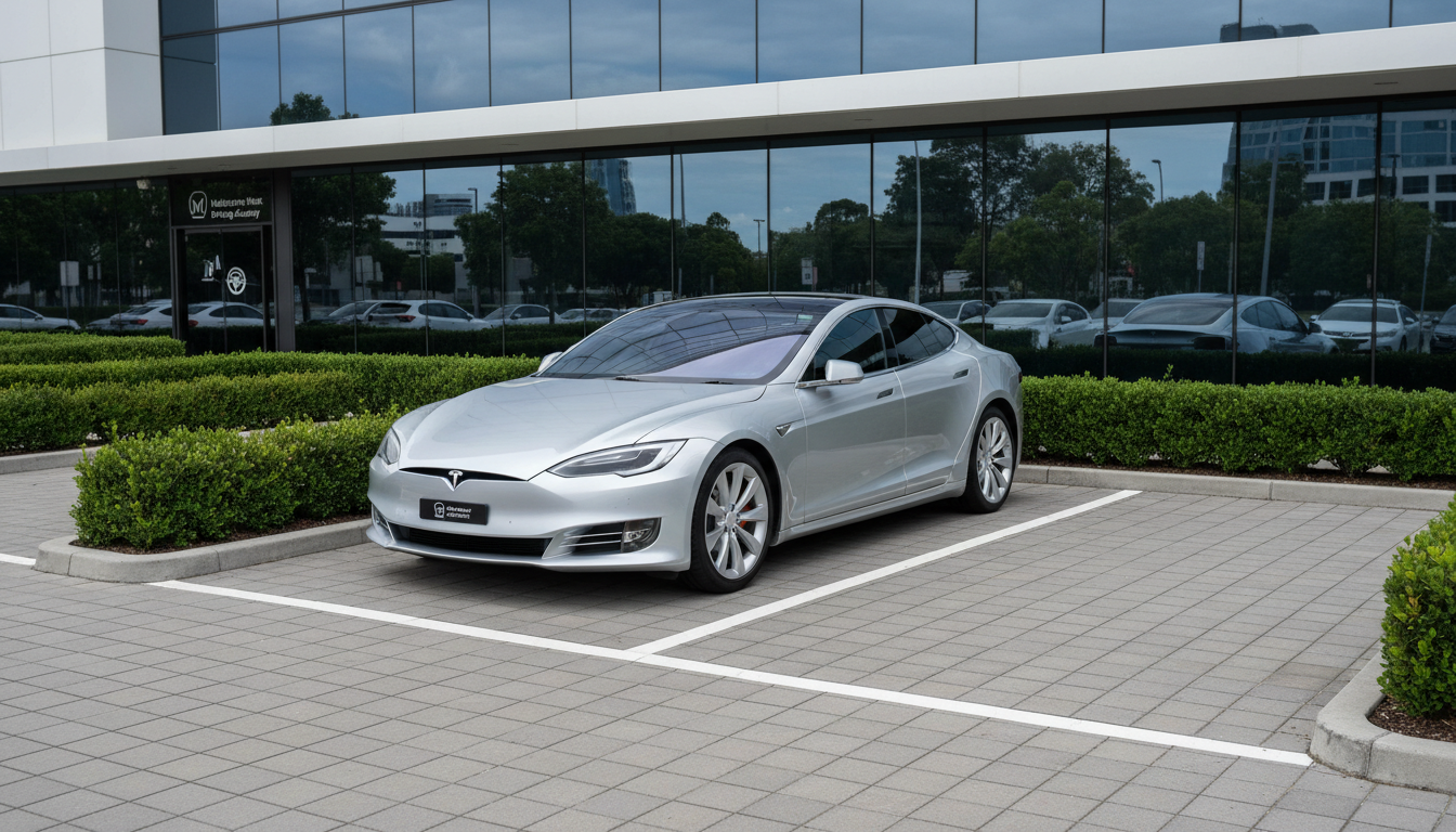 A sleek, late-model silver sedan parked in an immaculate, modern outdoor parking space marked with crisp white lines, surrounded by neat concrete pavers and trimmed, low hedges. The setting is a contemporary driving school facility in Melbourne West, with the building’s glass facade subtly reflecting the car. Clear mid-morning natural daylight gently illuminates the scene, casting soft, balanced shadows for a polished effect. Shot from an eye-level, three-quarter front angle, the composition highlights the car’s reliability and professional appeal. The mood is calm, trustworthy, and professional, featuring a clean, photographic style in neutral gray and white tones, embodying the academy’s modern, corporate personality.