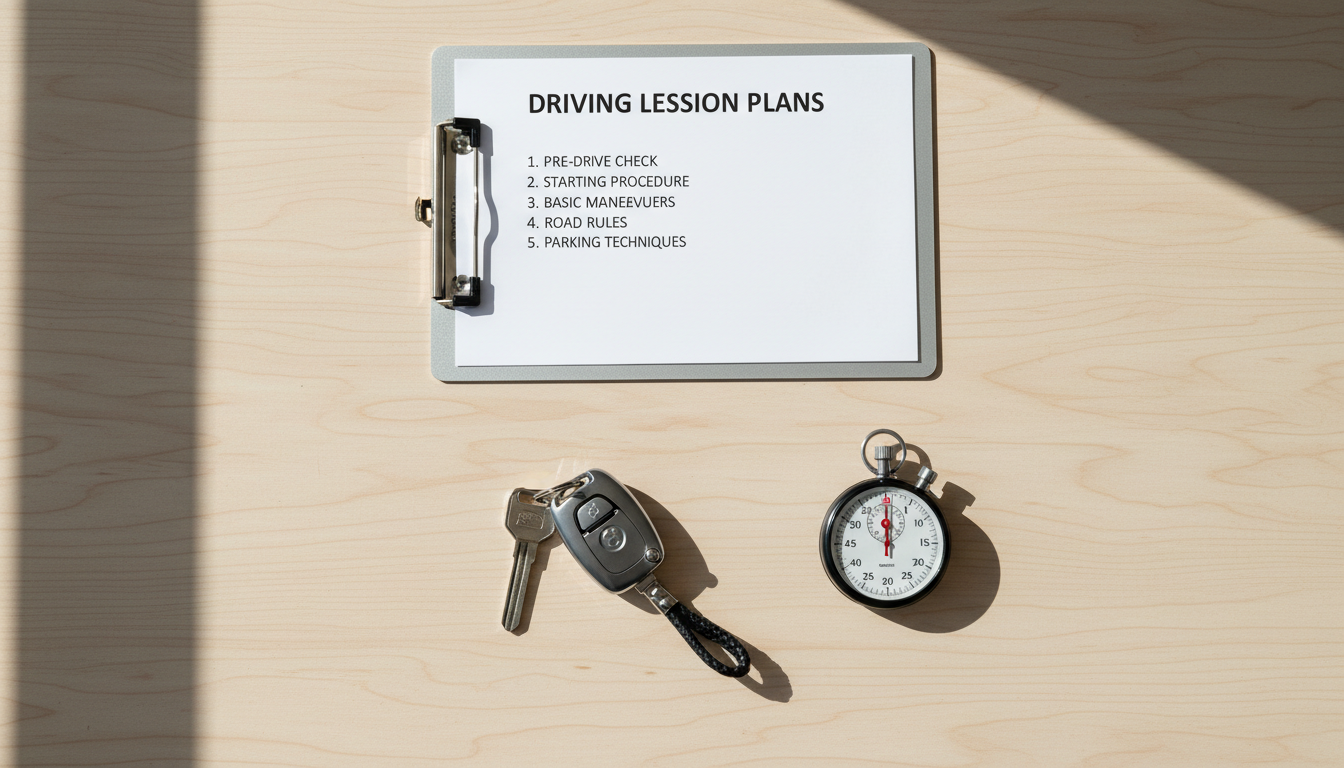 A minimalistic layout of essential driving tools: a clean clip-style clipboard with printed lesson plans, a set of modern car keys with a sleek key fob, and an analog stopwatch, all neatly arranged on a pale wooden table. The elements are spaced evenly to reflect organization and attention to detail. Natural daylight from a window to the side casts soft, well-defined, and harmonious shadows, bringing out subtle wood grain and surface textures. Shot from a top-down perspective (bird's eye view) for absolute clarity and balanced composition, the photographic style feels clean, precise, and suitably professional for a leading Melbourne driving school.