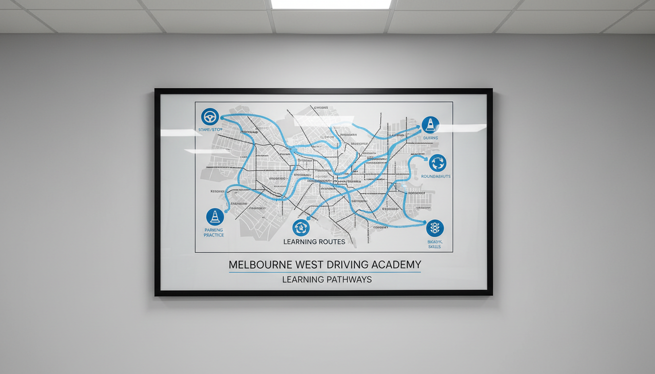 A contemporary, wall-mounted display board featuring a well-organized Melbourne West street map with highlighted learning routes in subtle blue marker, complemented by simplified iconography for key driving lesson points. The board is set against a smooth, light gray wall within a clean, modern office. Overhead fluorescent light creates an even, shadow-free illumination, making all map features easily legible. Photographed straight on with sharp focus and a grid-like composition emphasizing balance and structure. The atmosphere is efficient and informative, with a neutral, corporate color scheme underscoring the academy’s modern, expert approach.